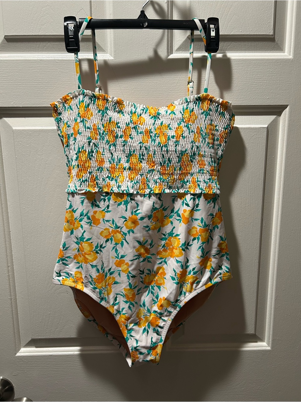 J.Crew Women’s Smocked Orange Floral Print One Piece Swimsuit Size Large